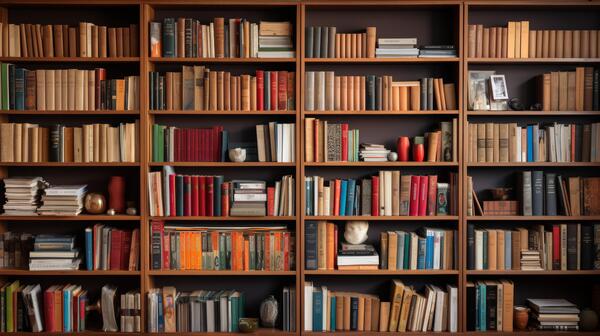 Books arranged on a wooden shelf in a cozy room